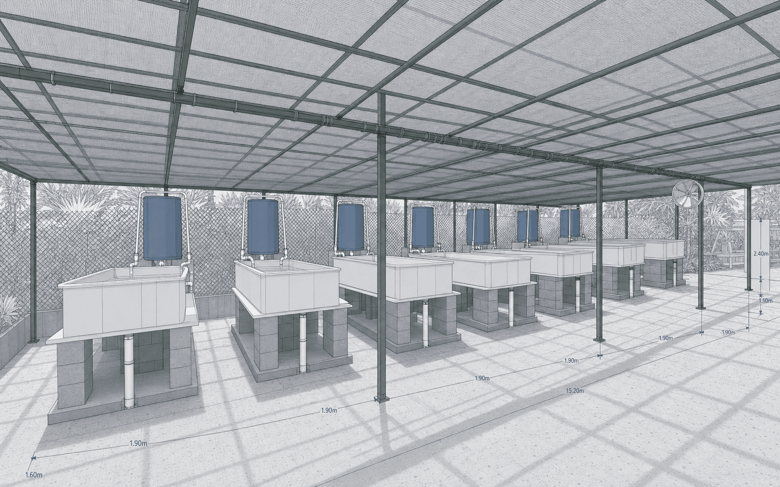 SketchUp-style design render of a coral greenhouse facility