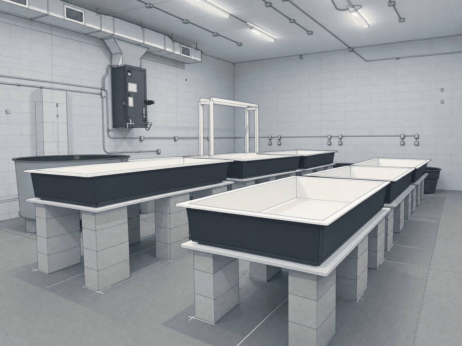 SketchUp-style design render of an indoor coral grow-out lab